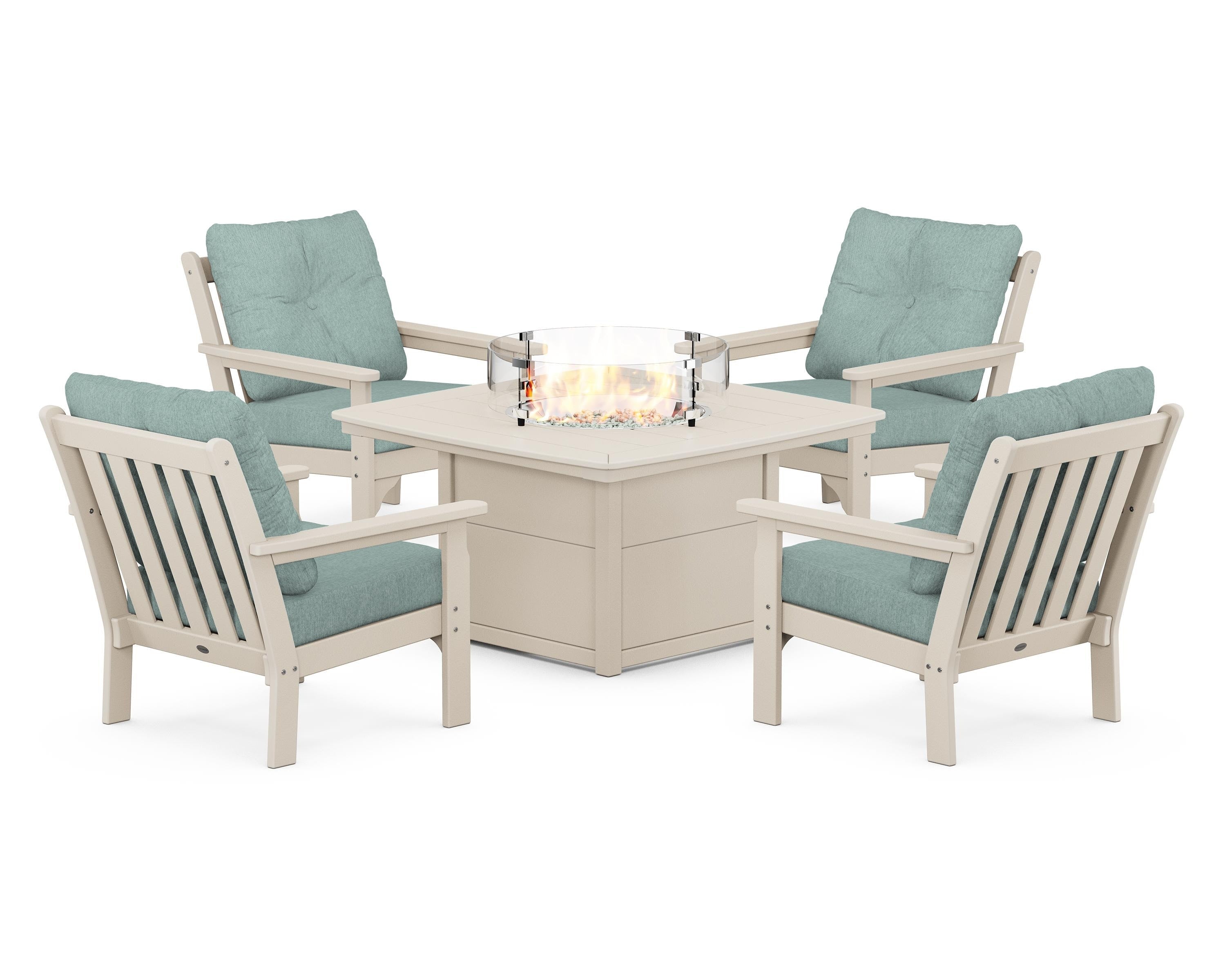POLYWOOD® Vineyard 5-Piece Conversation Set with Fire Pit Table in Sand / Glacier Spa