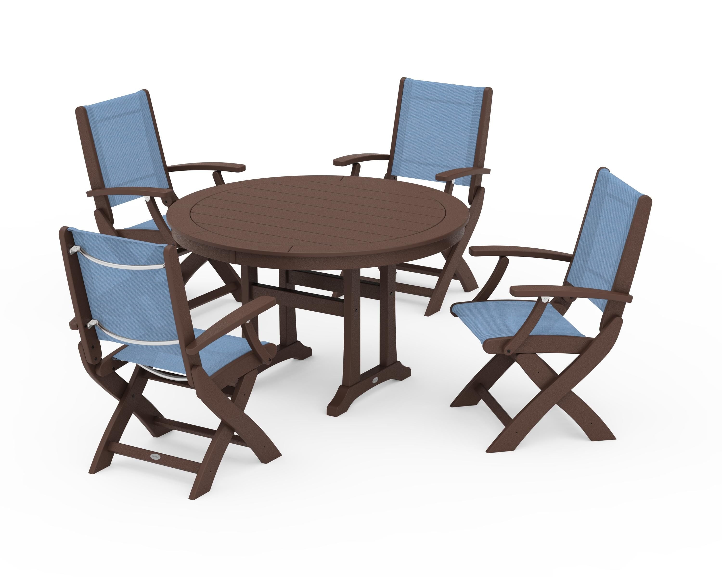 POLYWOOD® Coastal Folding Chair 5-Piece Round Dining Set with Trestle Legs in Mahogany / Poolside Sling