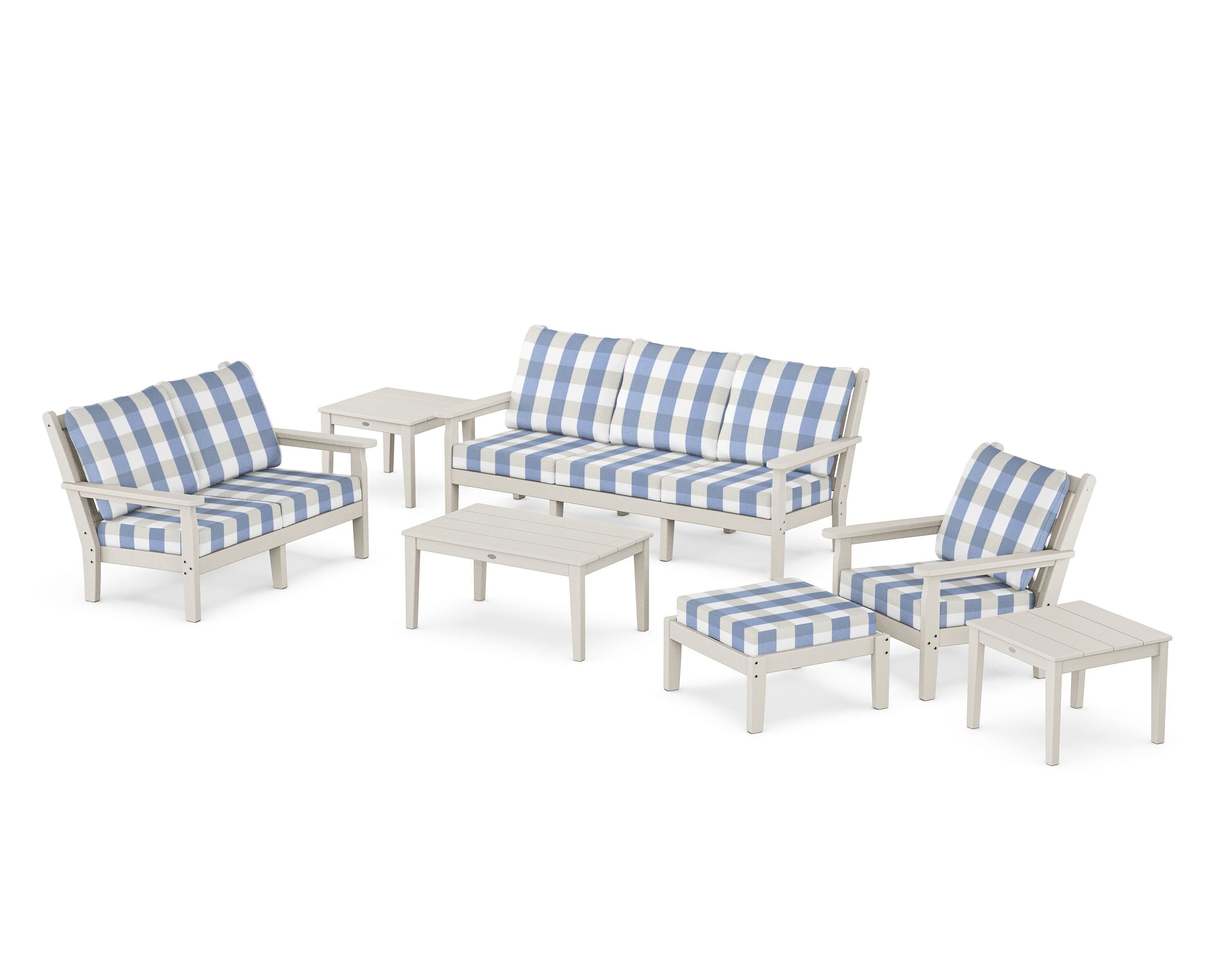 POLYWOOD® Chippendale 7-Piece Deep Seating Set in Sand / Buffalo Plaid Sky Blue