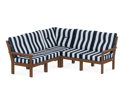 POLYWOOD® Vineyard 5-Piece Sectional in Teak / Cabana Stripe Marine Indigo