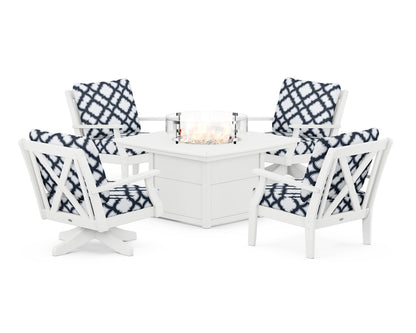 POLYWOOD® Braxton 5-Piece Deep Seating Set with Fire Table in White / Trellis Marine Indigo