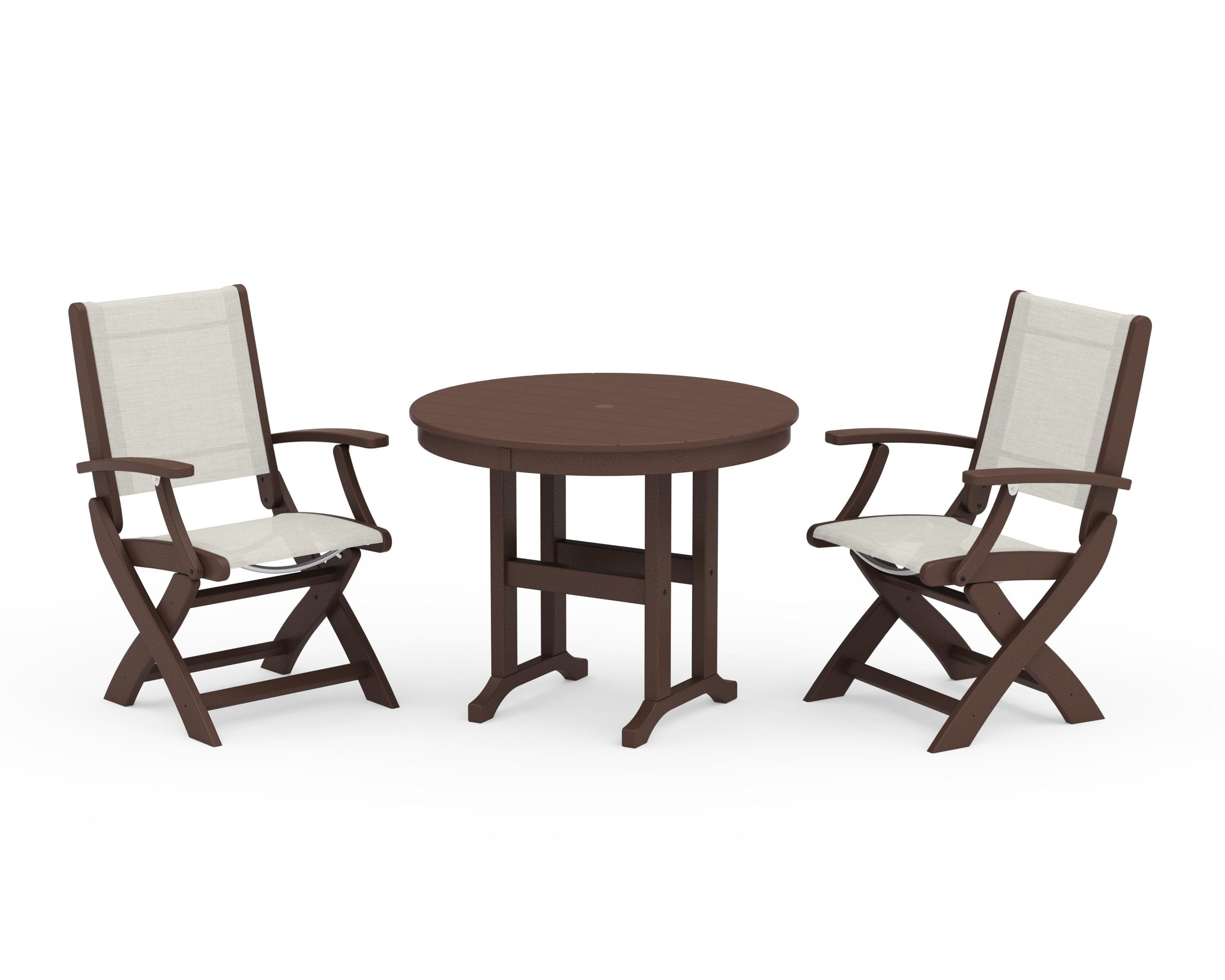 POLYWOOD® Coastal Folding Chair 3-Piece Round Dining Set in Mahogany / Parchment Sling