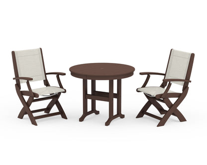 POLYWOOD® Coastal Folding Chair 3-Piece Round Dining Set in Mahogany / Parchment Sling