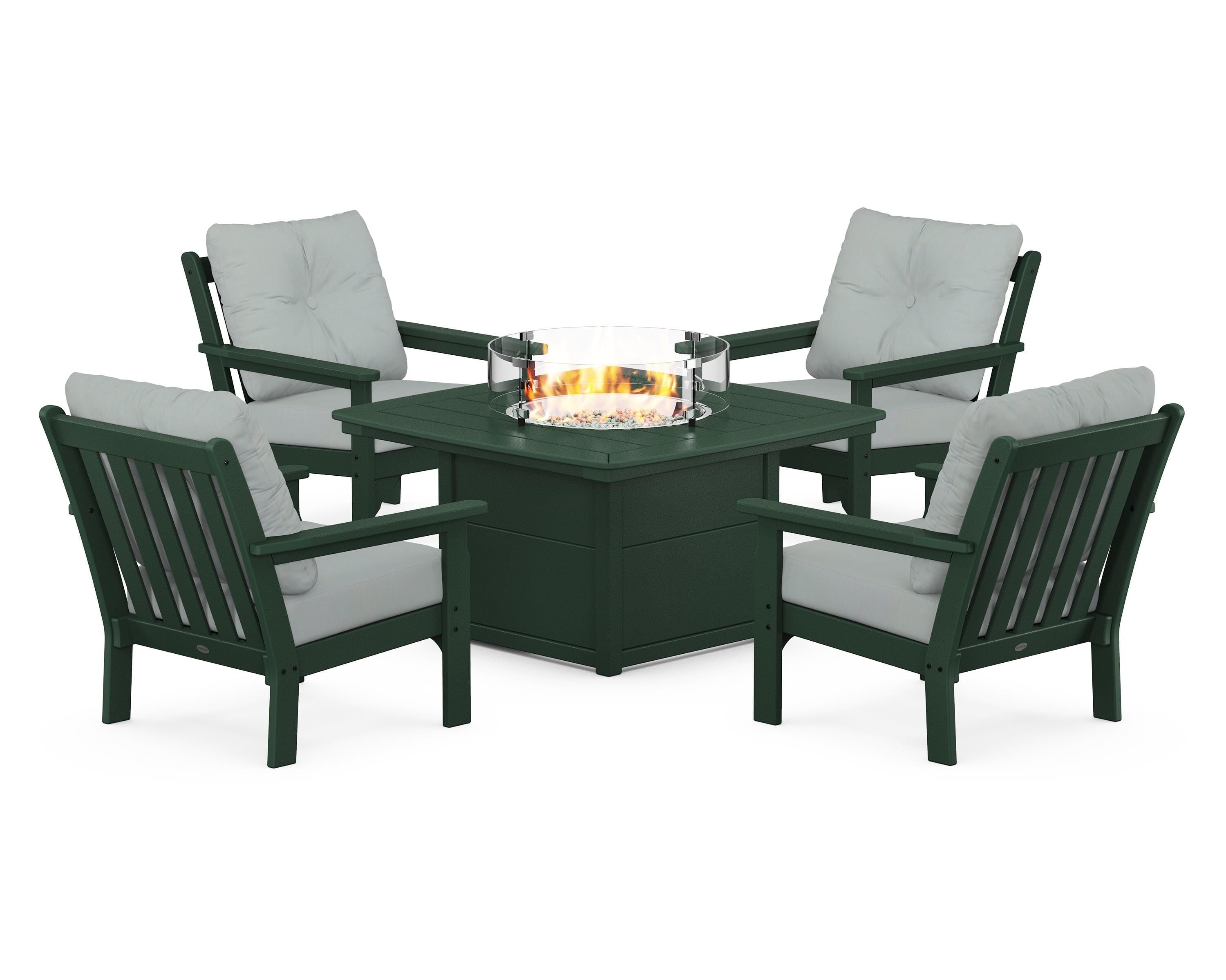 POLYWOOD® Vineyard 5-Piece Conversation Set with Fire Pit Table in Green / Spa