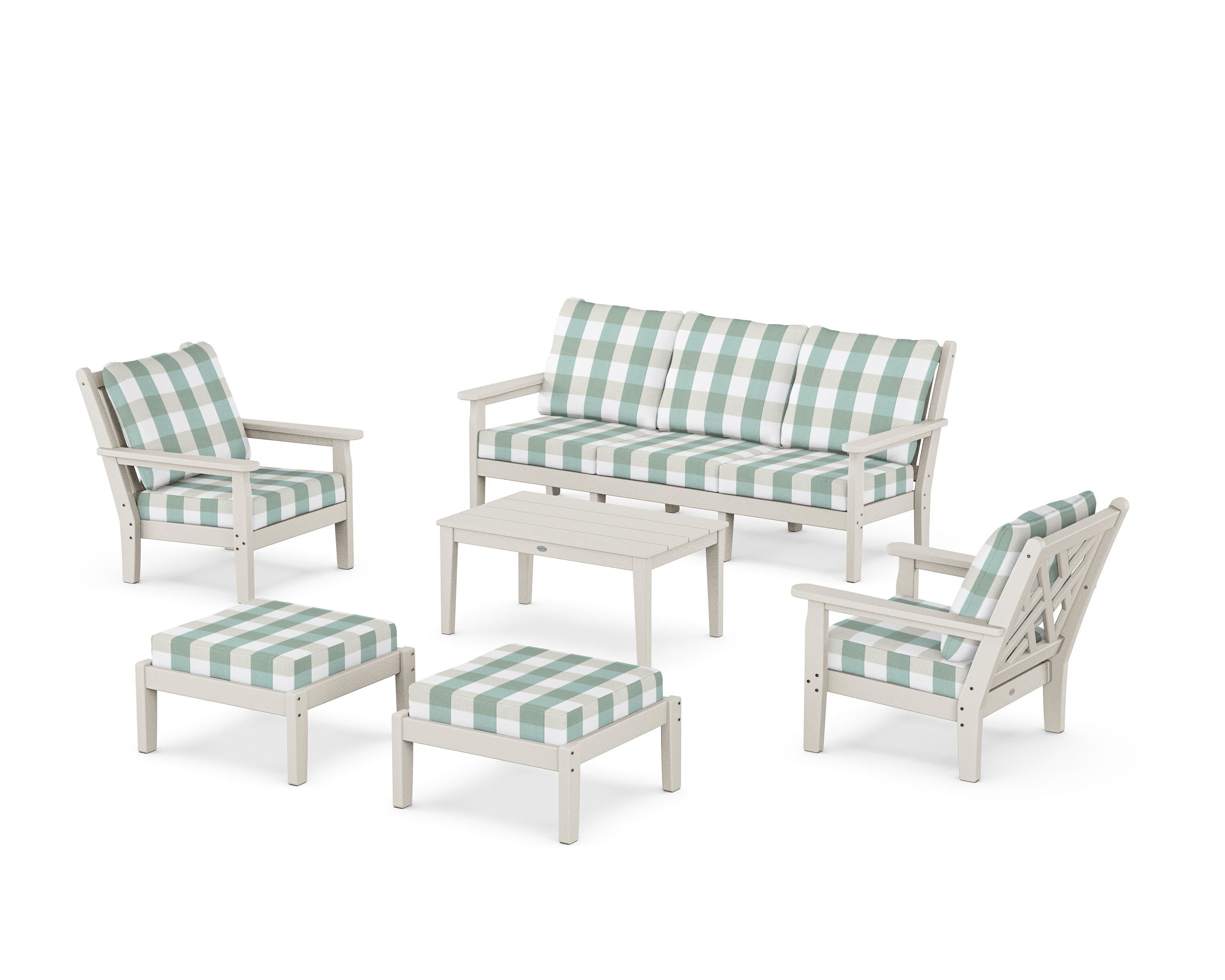 POLYWOOD® Chippendale 6-Piece Lounge Sofa Set in Sand / Buffalo Plaid Glacier Spa