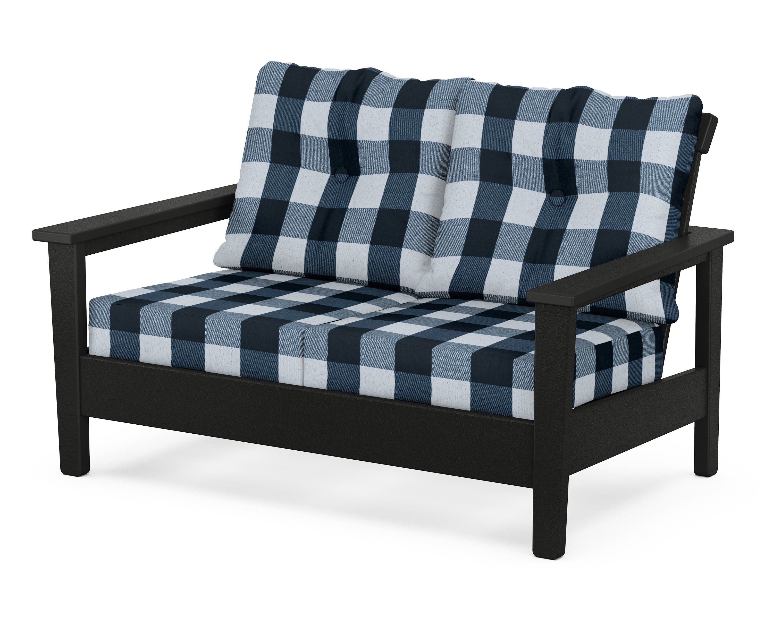 POLYWOOD® Prescott Deep Seating Loveseat in Black / Buffalo Plaid Marine Indigo