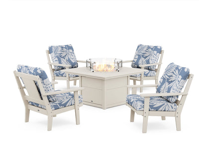 POLYWOOD® Prairie 5-Piece Deep Seating Set with Fire Pit Table in Sand / Leaf Sky Blue