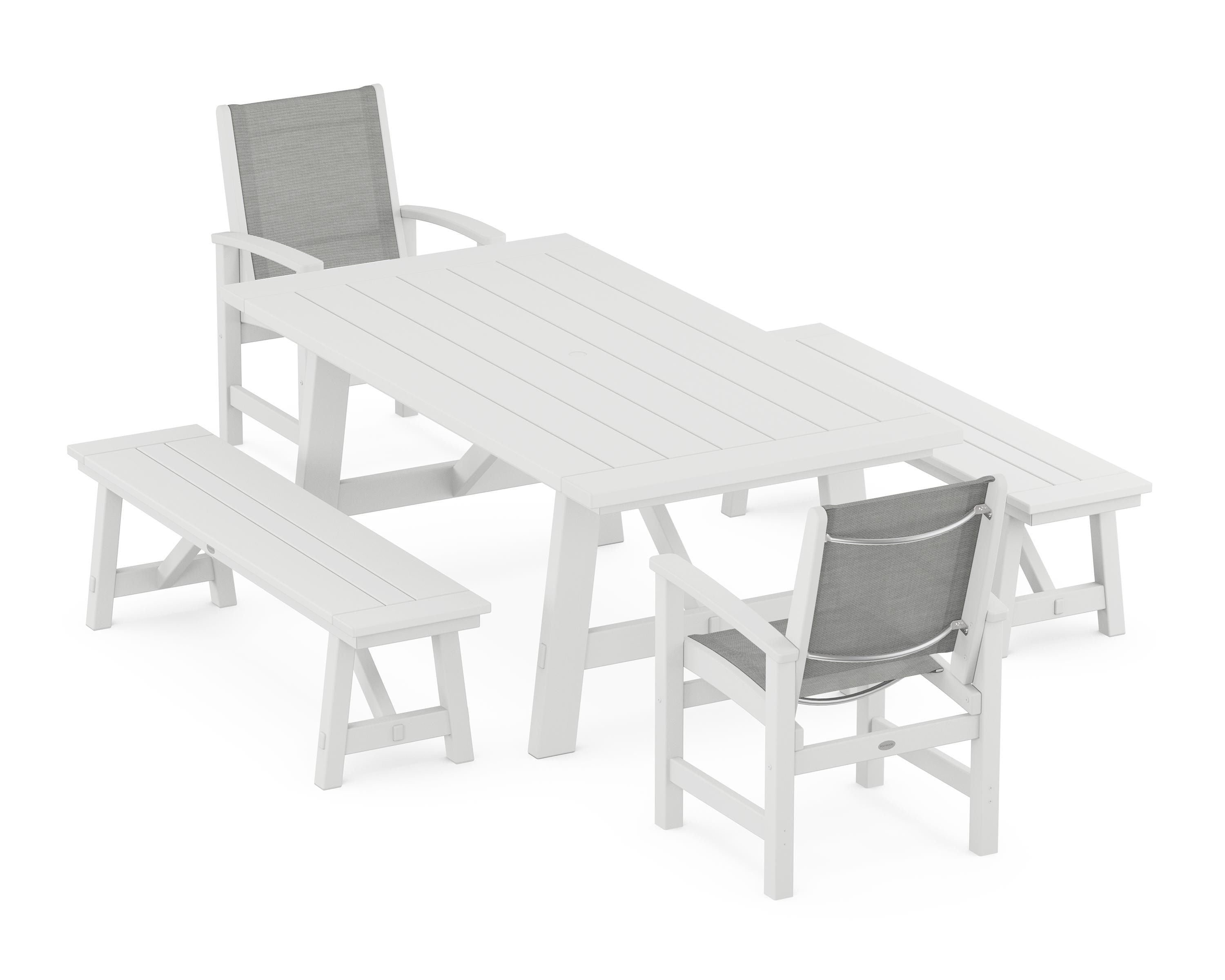 POLYWOOD® Coastal 5-Piece Rustic Farmhouse Dining Set With Benches in White / Metallic Sling