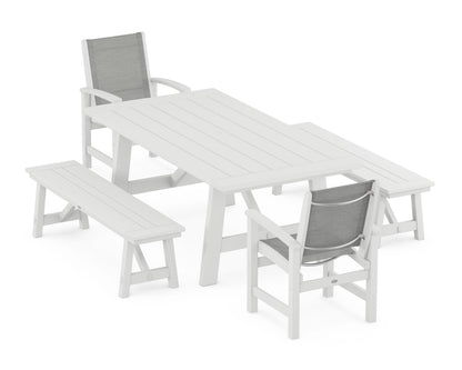 POLYWOOD® Coastal 5-Piece Rustic Farmhouse Dining Set With Benches in White / Metallic Sling