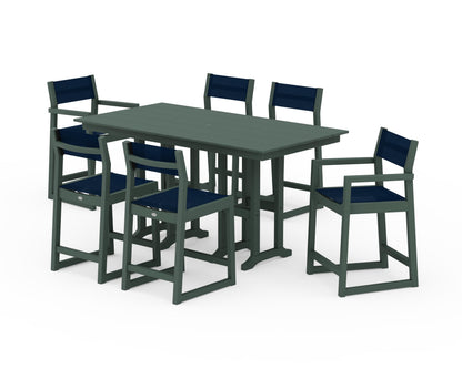 POLYWOOD® EDGE Sling 7-Piece Farmhouse Counter Set in Green / Navy Blue Sling
