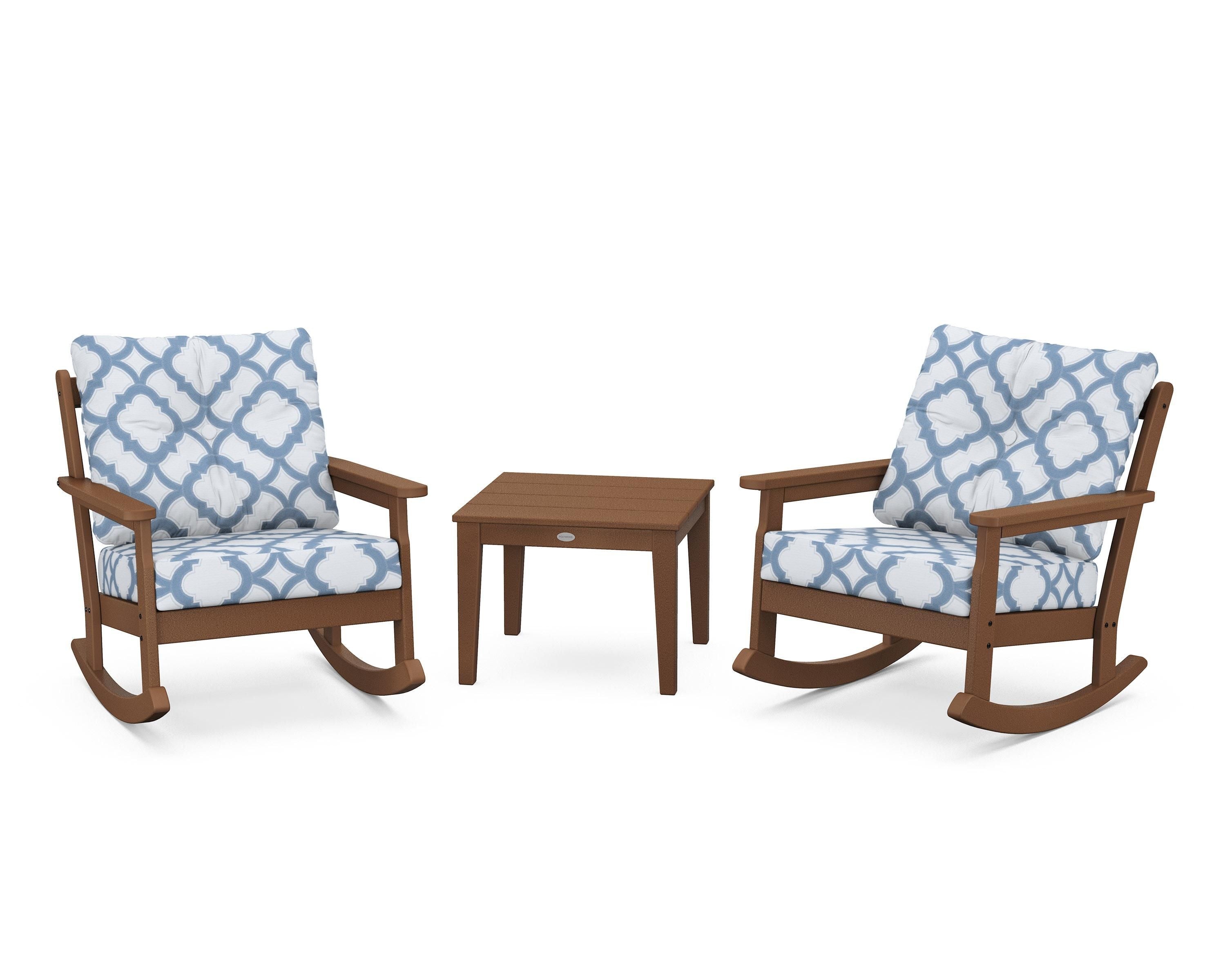 POLYWOOD® Vineyard 3-Piece Deep Seating Rocker Set in Teak / Trellis Sky Blue