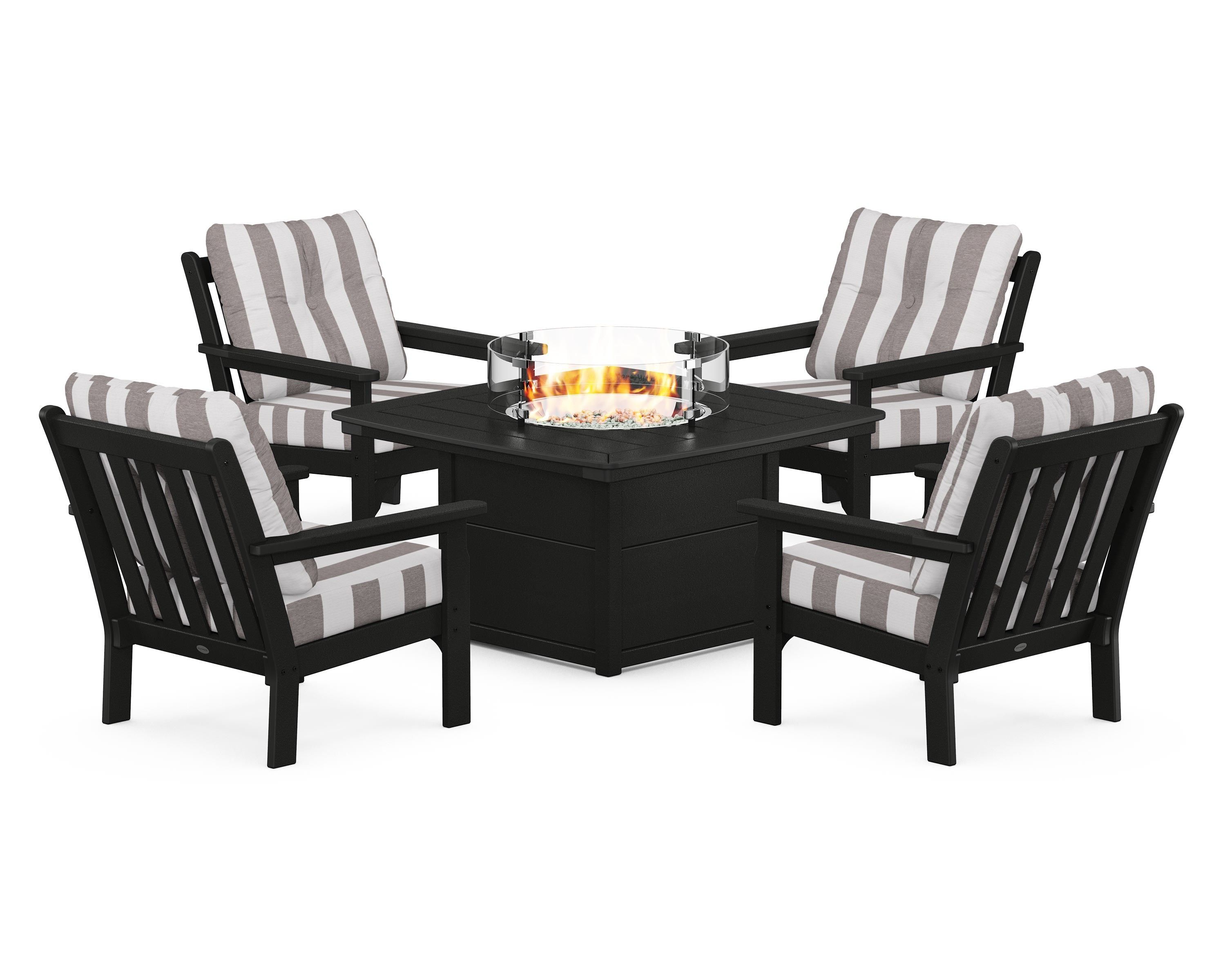 POLYWOOD® Vineyard 5-Piece Conversation Set with Fire Pit Table in Black / Cabana Stripe Grey Mist
