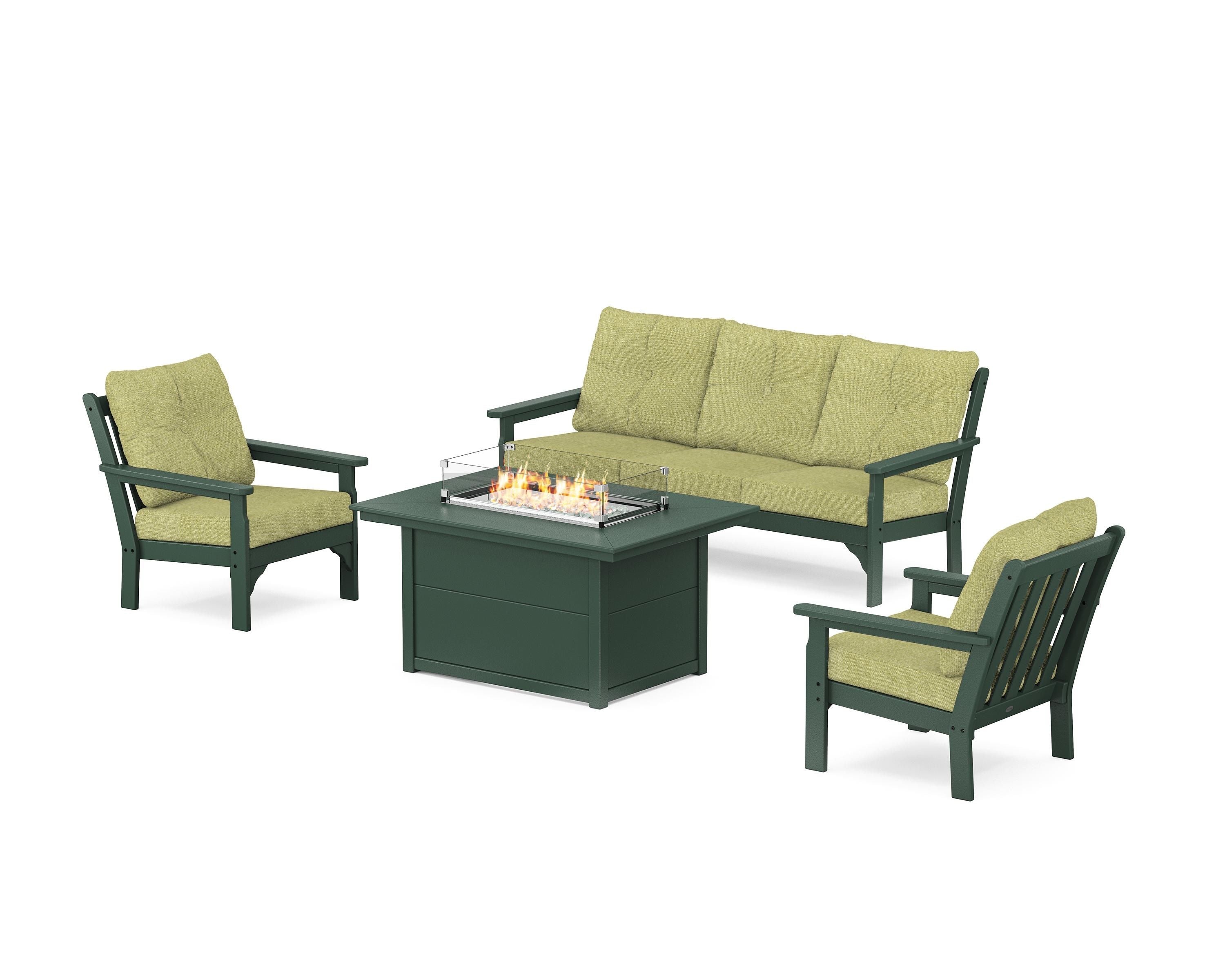 POLYWOOD® Vineyard Deep Seating Fire Pit Table Set in Green / Chartreuse Boucle