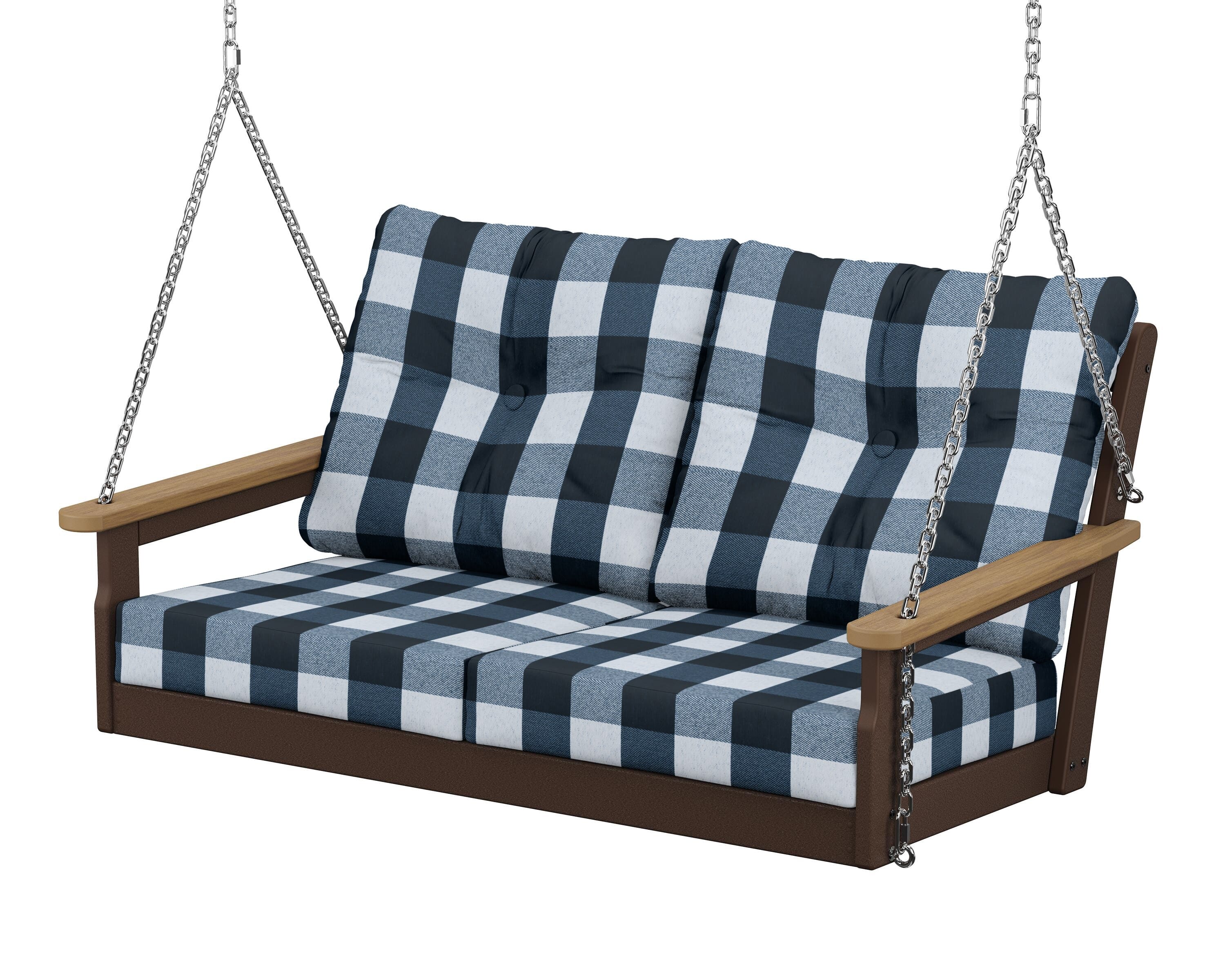 POLYWOOD® Vineyard Deep Seating Swing in Mahogany / Natural / Buffalo Plaid Marine Indigo