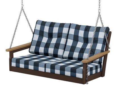 POLYWOOD® Vineyard Deep Seating Swing in Mahogany / Natural / Buffalo Plaid Marine Indigo