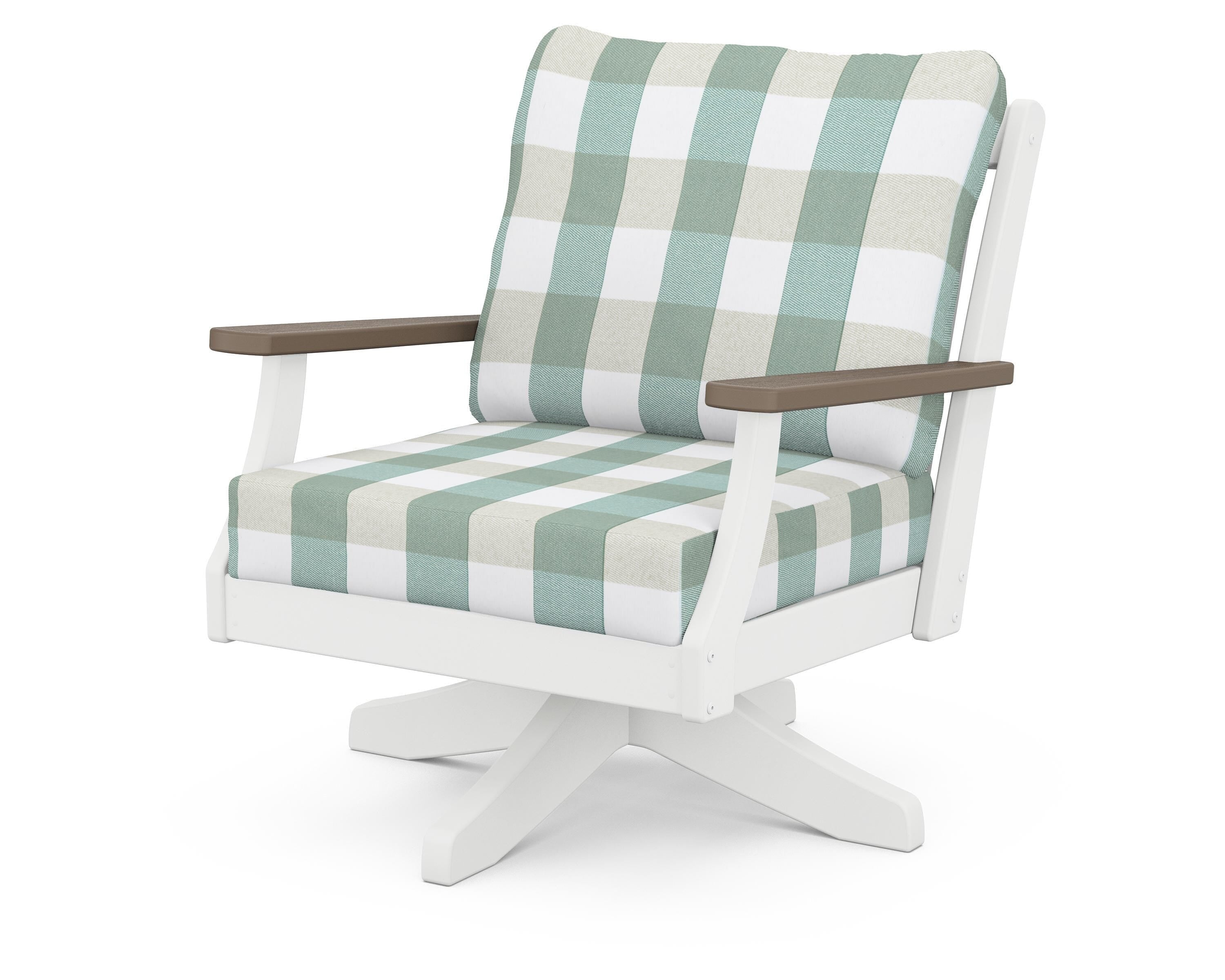 POLYWOOD® Braxton Deep Seating Swivel Chair in White / Kona / Buffalo Plaid Glacier Spa
