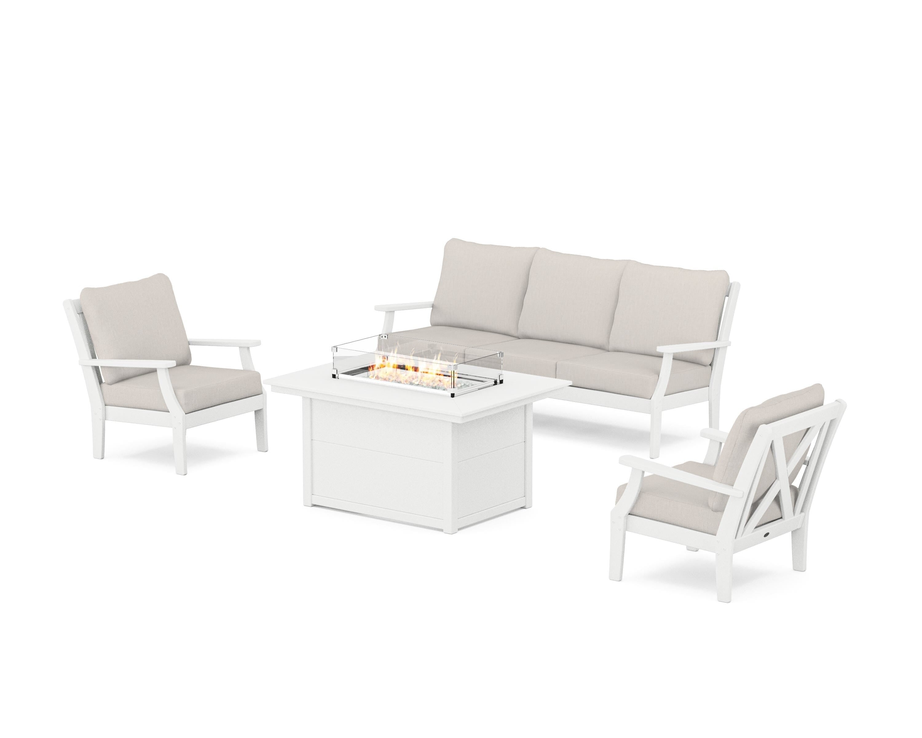 POLYWOOD® Braxton Deep Seating Fire Pit Table Set in White / Cast Ash
