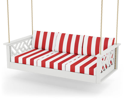 POLYWOOD® Chippendale Daybed Swing in White / Cabana Stripe Crimson