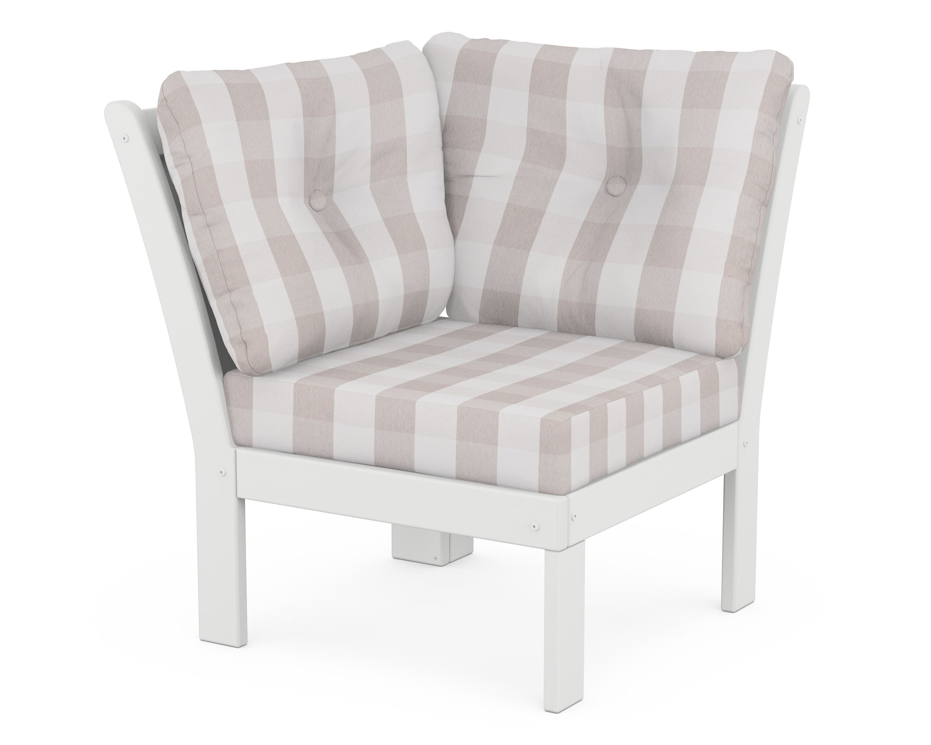 POLYWOOD® Vineyard Modular Corner Chair in White / Buffalo Plaid Dune Burlap