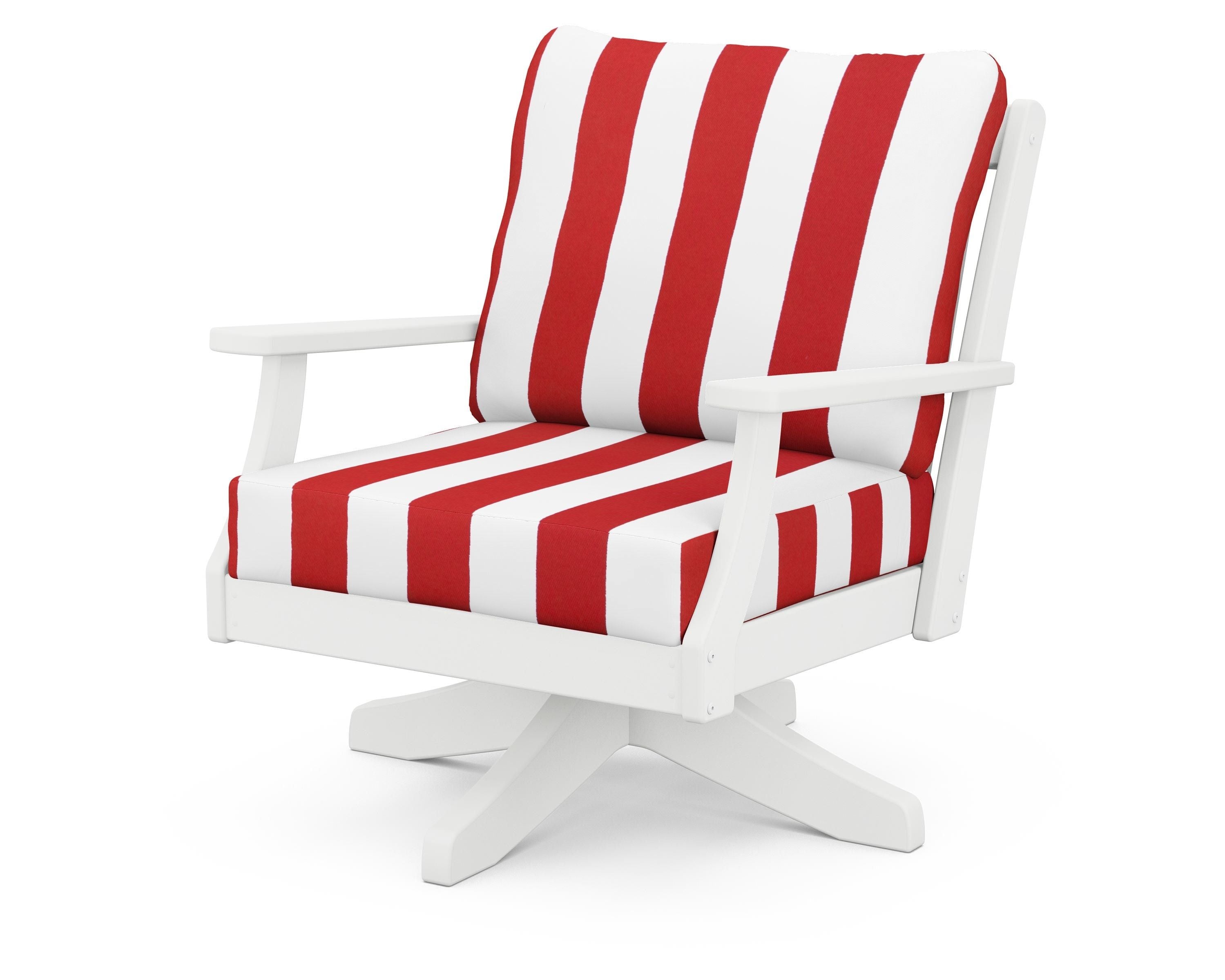 POLYWOOD® Braxton Deep Seating Swivel Chair in White / Cabana Stripe Crimson