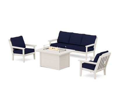 Country Living Cottage Deep Seating Fire Pit Table Set in Sand / Navy