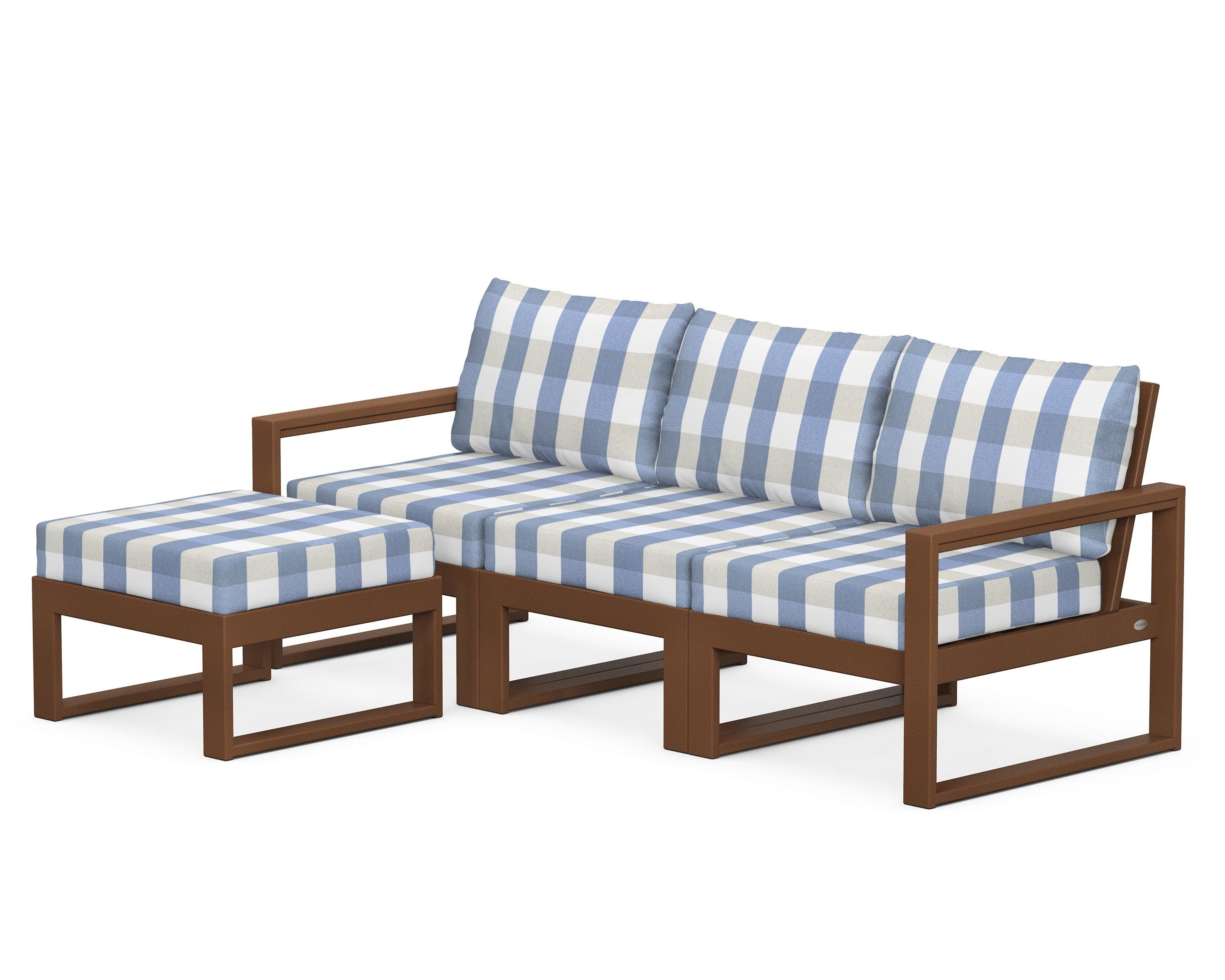 POLYWOOD® EDGE 4-Piece Modular Deep Seating Set with Ottoman in Teak / Buffalo Plaid Sky Blue