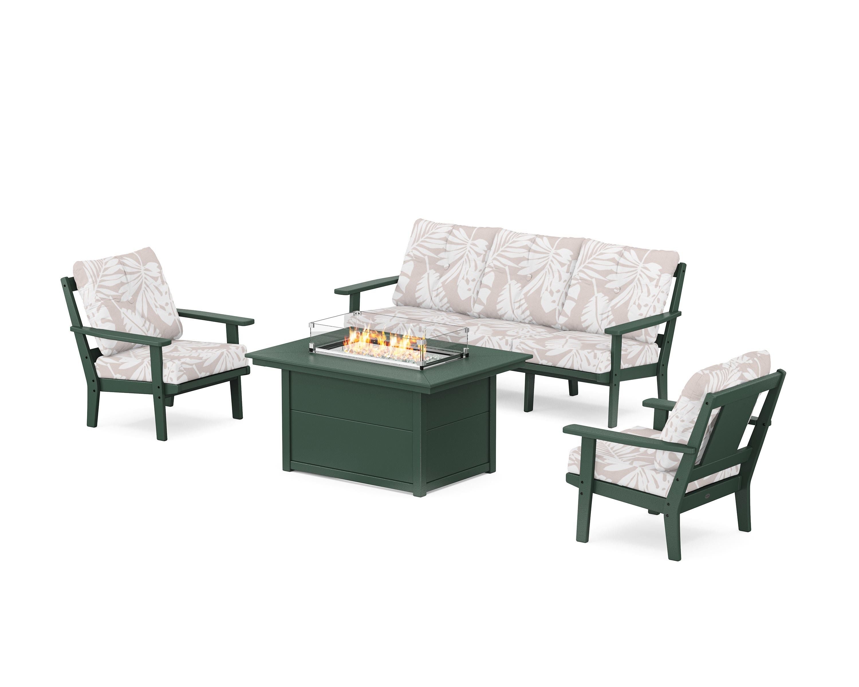 POLYWOOD® Prairie Deep Seating Fire Pit Table Set in Green / Leaf Dune Burlap