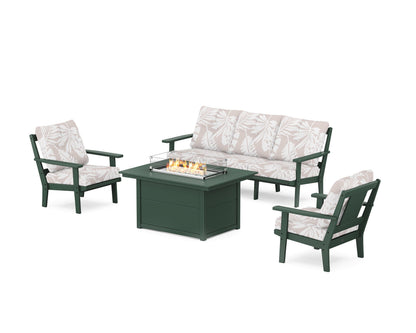 POLYWOOD® Prairie Deep Seating Fire Pit Table Set in Green / Leaf Dune Burlap