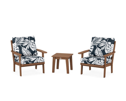 POLYWOOD® Oxford 3-Piece Deep Seating Set in Teak / Leaf Marine Indigo