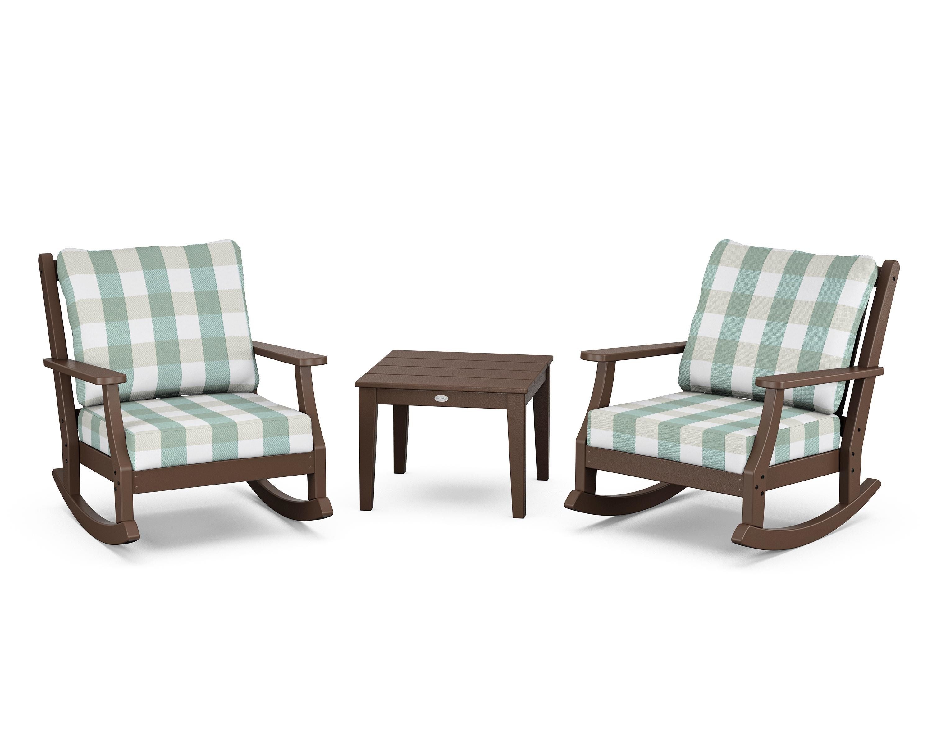 Country Living Wovendale 3-Piece Deep Seating Rocker Set in Mahogany / Buffalo Plaid Glacier Spa