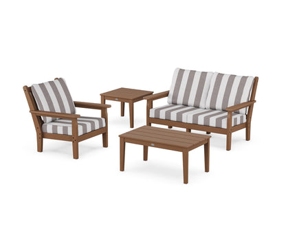 POLYWOOD® Chippendale 4-Piece Deep Seating Set in Teak / Cabana Stripe Grey Mist