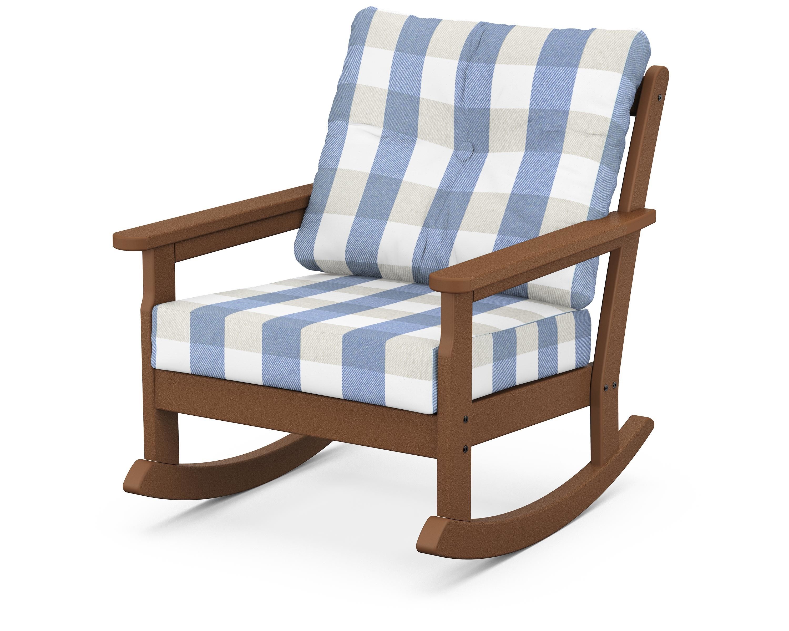 POLYWOOD® Vineyard Deep Seating Rocking Chair in Teak / Buffalo Plaid Sky Blue