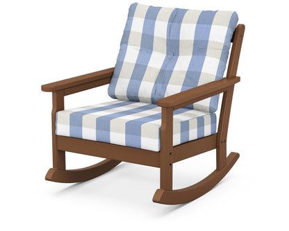 POLYWOOD® Vineyard Deep Seating Rocking Chair in Teak / Buffalo Plaid Sky Blue