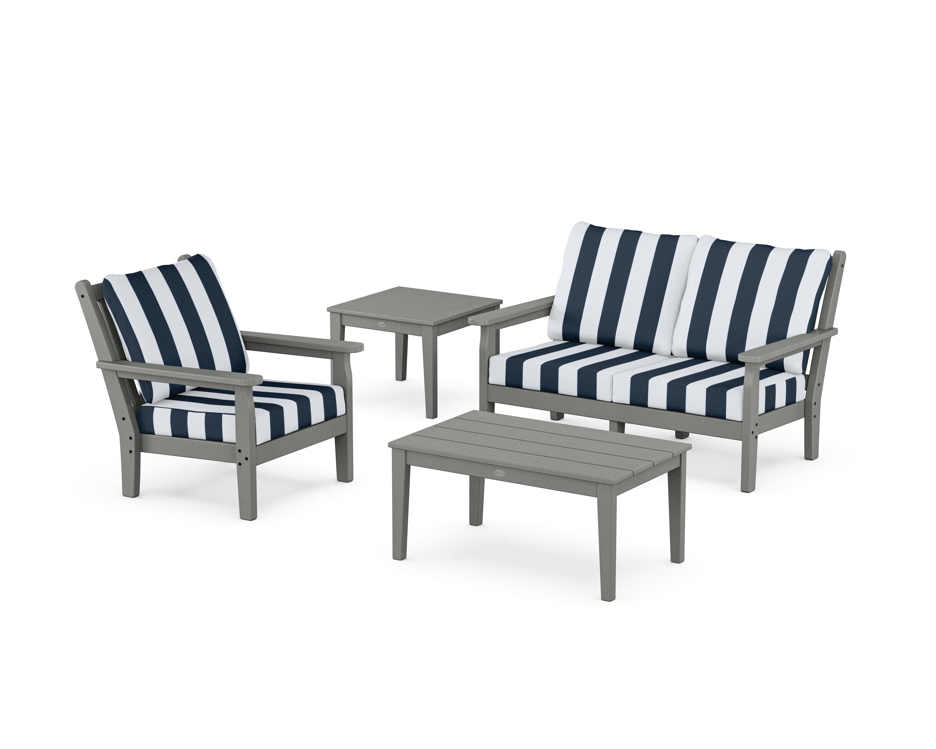 POLYWOOD® Chippendale 4-Piece Deep Seating Set in Slate Grey / Cabana Stripe Marine Indigo