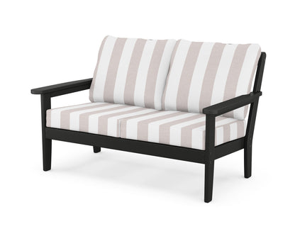 Country Living Cottage Deep Seating Loveseat in Black / Cabana Stripe Dune Burlap