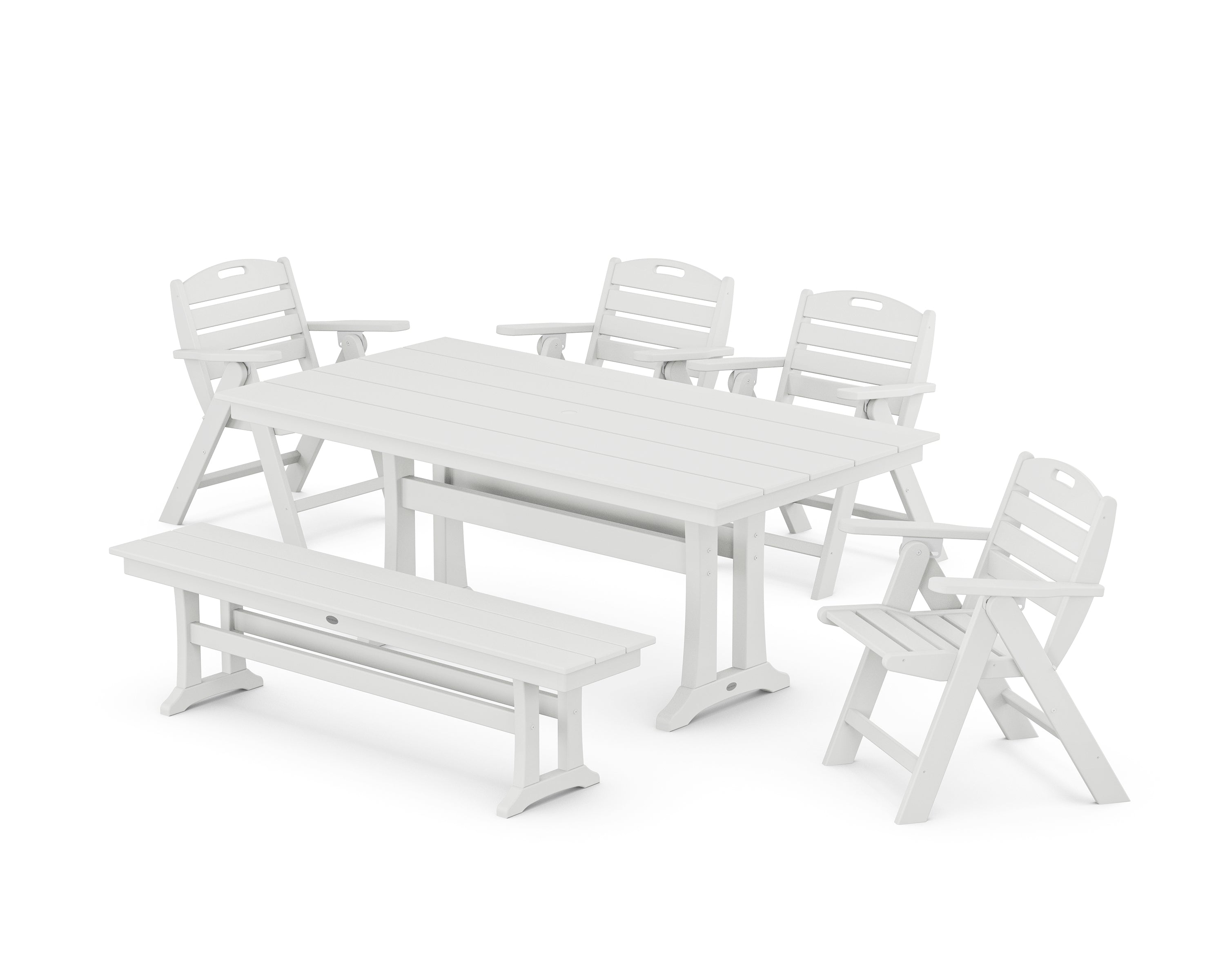 POLYWOOD® Nautical Lowback 6-Piece Farmhouse Dining Set with Trestle Legs and Bench in White