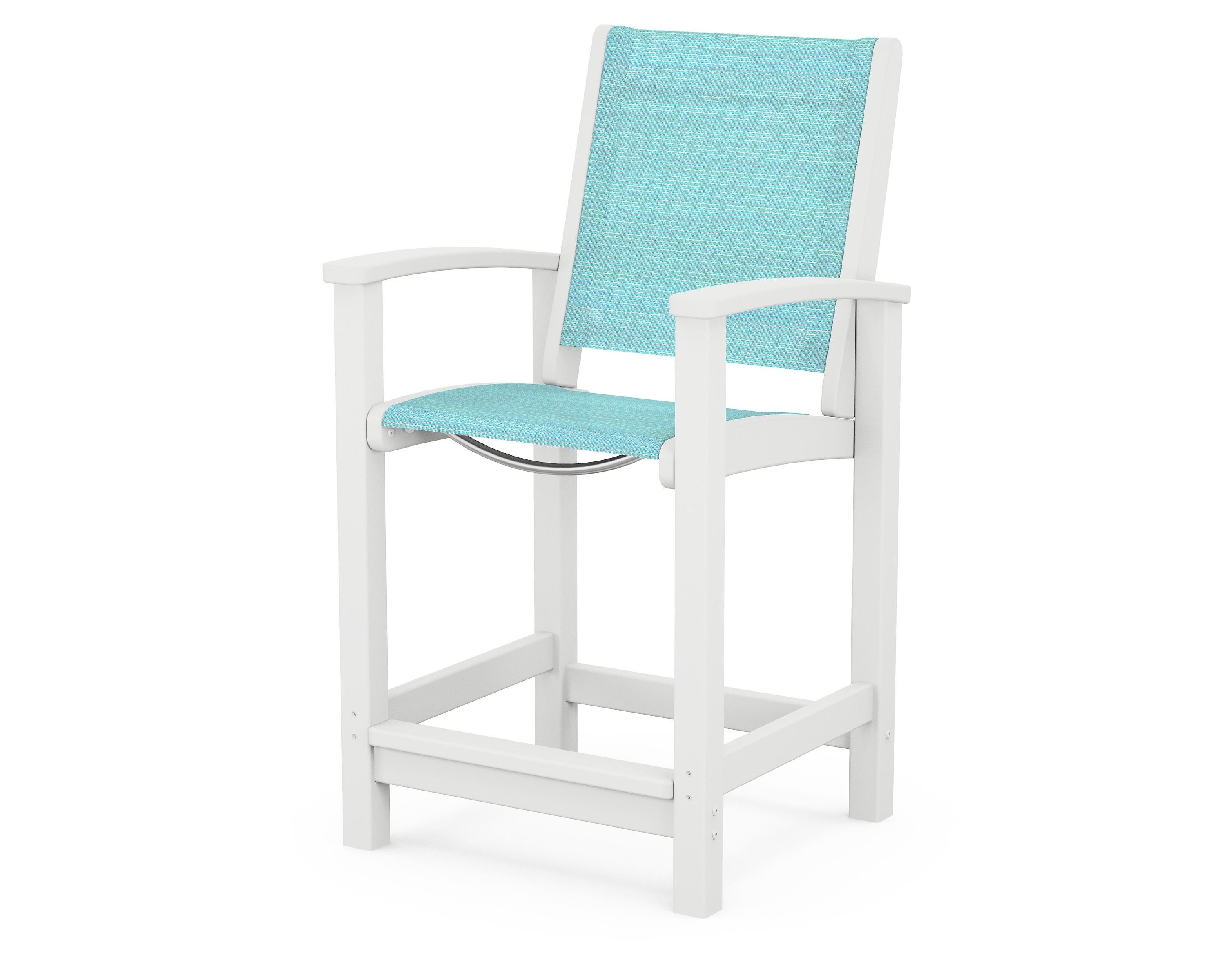 POLYWOOD® Coastal Counter Chair in White / Dupioni Aquamarine Sling