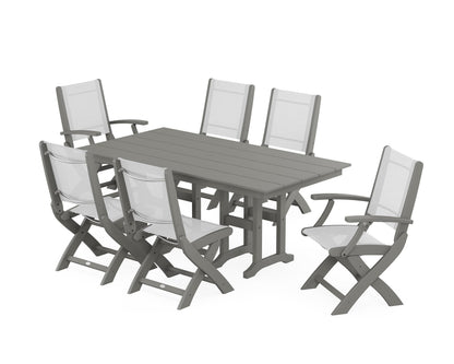 POLYWOOD® Coastal Folding Chair 7-Piece Farmhouse Dining Set in Slate Grey / White Sling