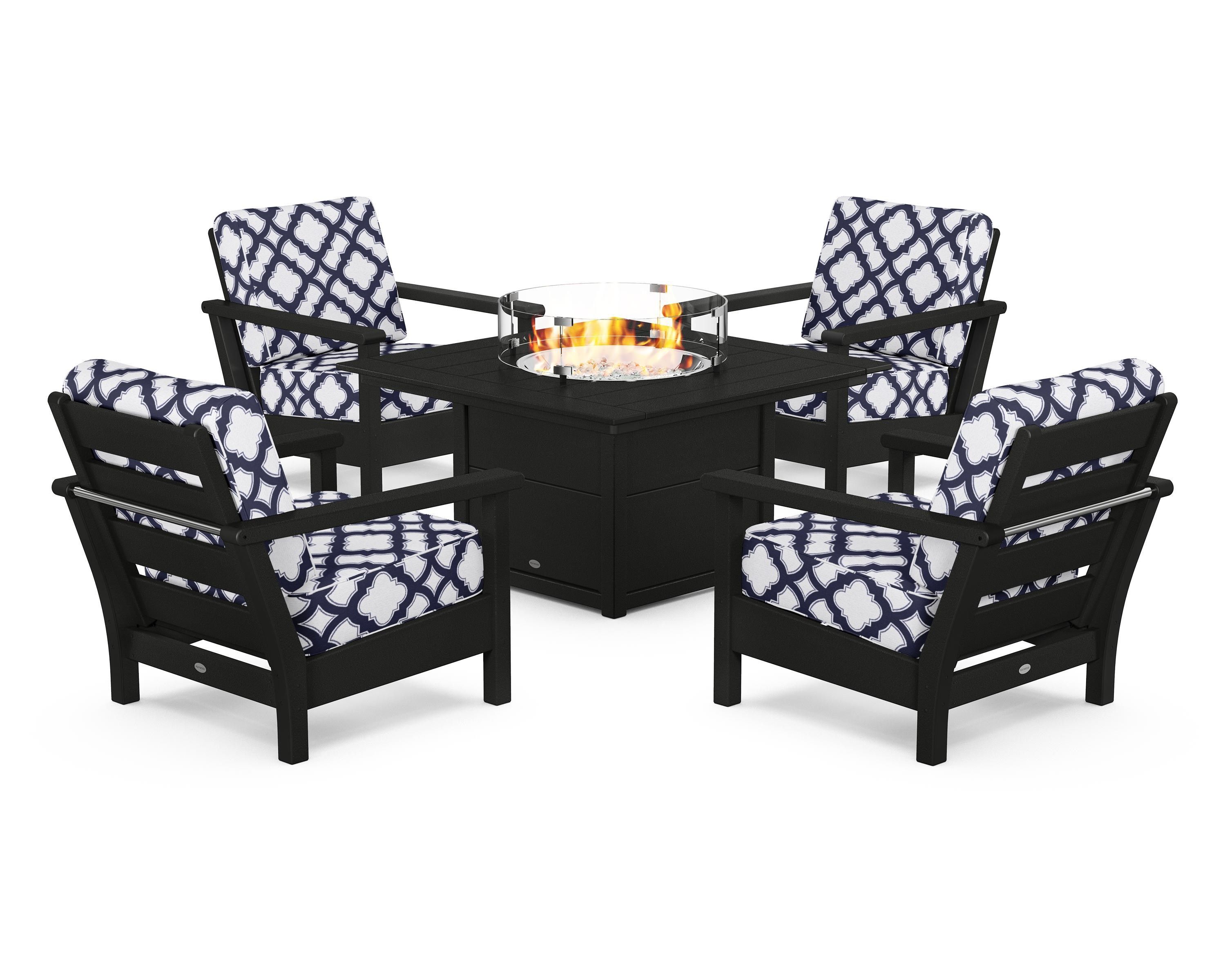 POLYWOOD® Harbour 5-Piece Conversation Set with Fire Pit Table in Black / Trellis Navy