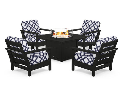 POLYWOOD® Harbour 5-Piece Conversation Set with Fire Pit Table in Black / Trellis Navy