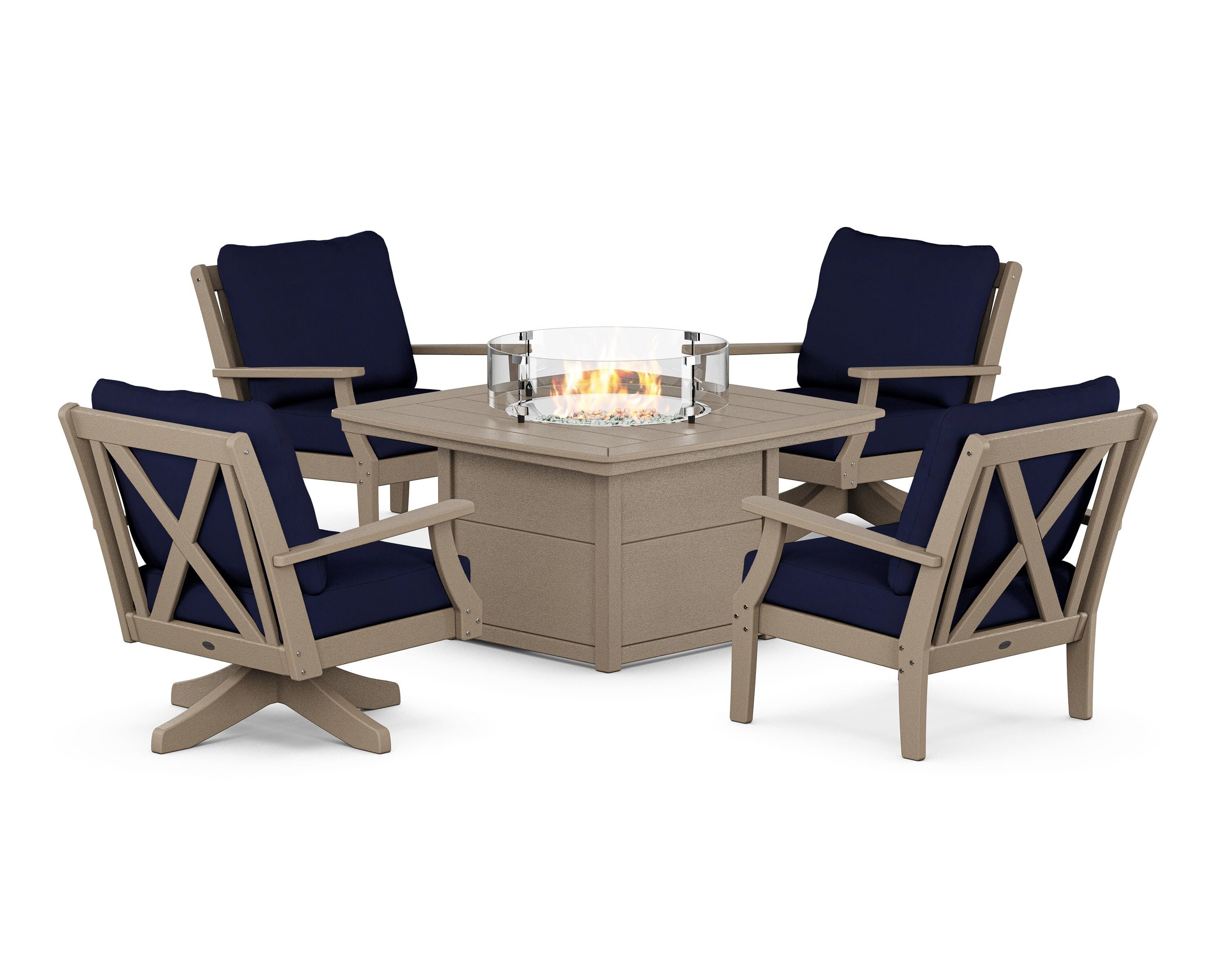 POLYWOOD® Braxton 5-Piece Deep Seating Set with Fire Table in Vintage Sahara / Navy