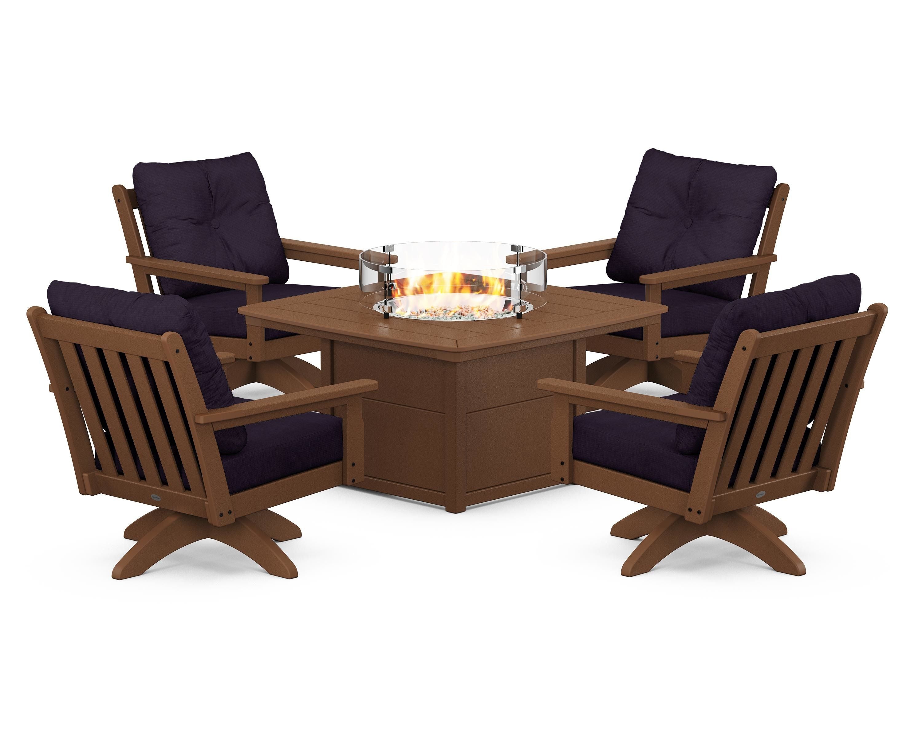 POLYWOOD® Vineyard 5-Piece Deep Seating Swivel Conversation Set with Fire Pit Table in Teak / Navy Linen