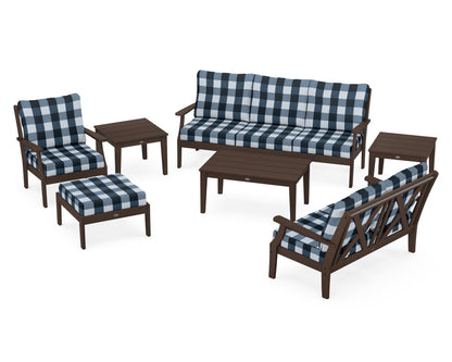 POLYWOOD® Braxton 7-Piece Deep Seating Set in Mahogany / Buffalo Plaid Marine Indigo