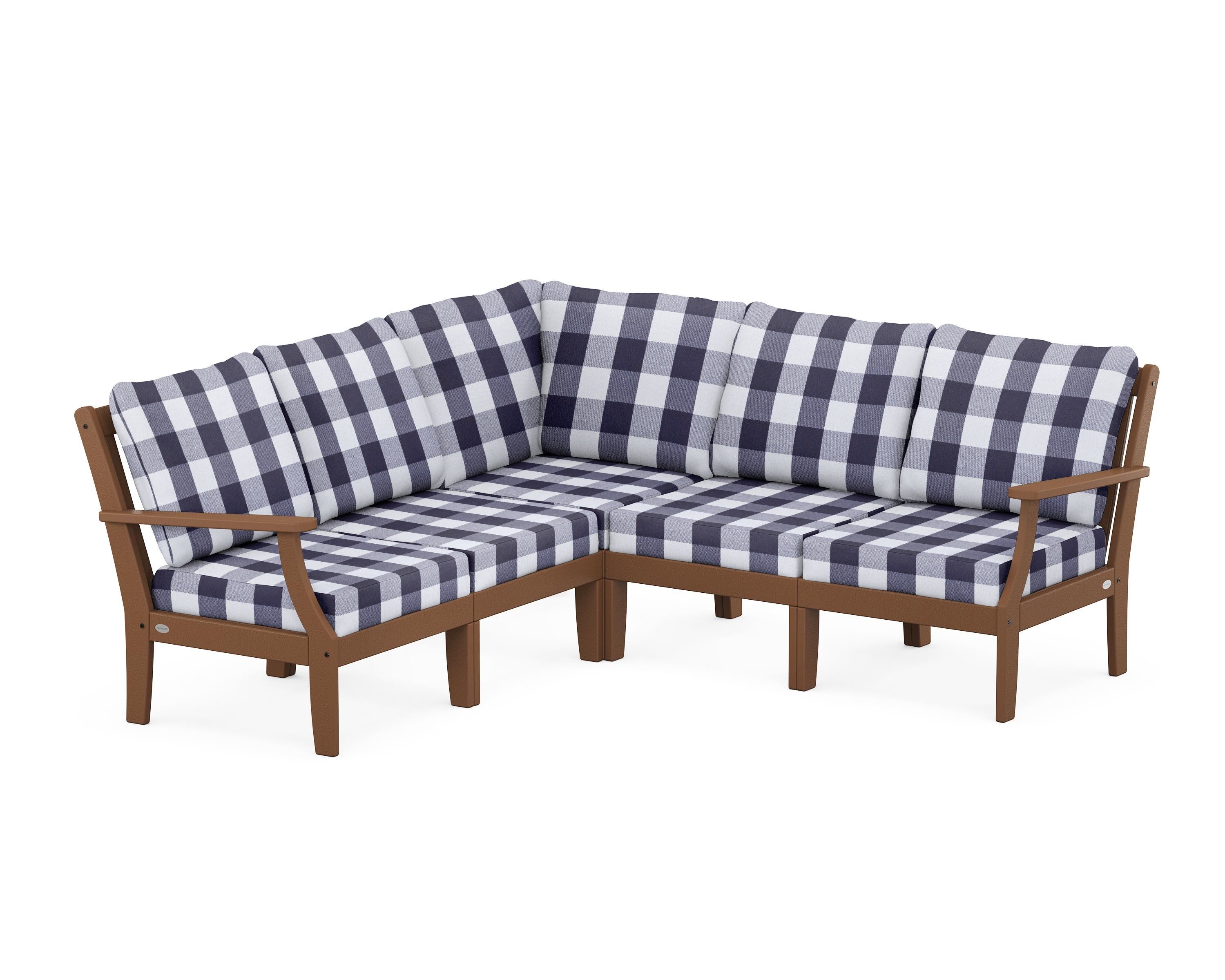 POLYWOOD® Braxton Modular 5-Piece Deep Seating Set in Teak / Buffalo Plaid Navy