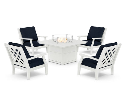 Country Living Wovendale 5-Piece Deep Seating Set with Fire Pit Table in White / Marine Indigo
