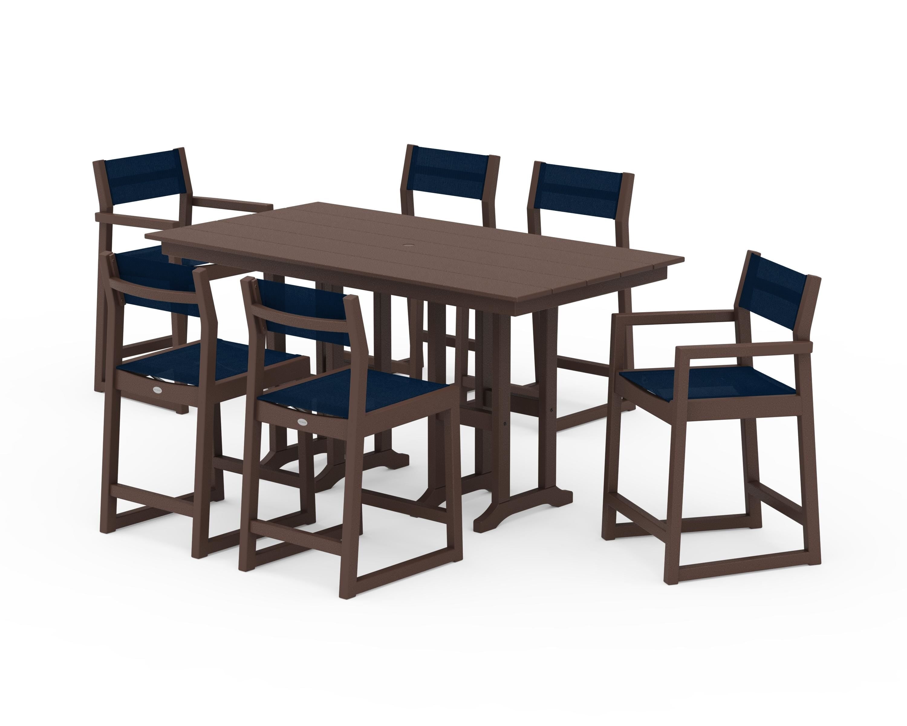 POLYWOOD® EDGE Sling 7-Piece Farmhouse Counter Set with Trestle Legs in Mahogany / Navy Blue Sling
