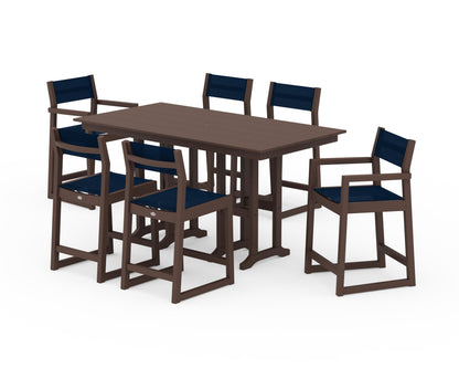 POLYWOOD® EDGE Sling 7-Piece Farmhouse Counter Set with Trestle Legs in Mahogany / Navy Blue Sling
