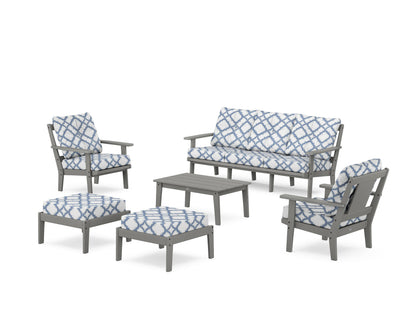 POLYWOOD® Prairie 6-Piece Lounge Sofa Set in Slate Grey / Trellis Sky Blue