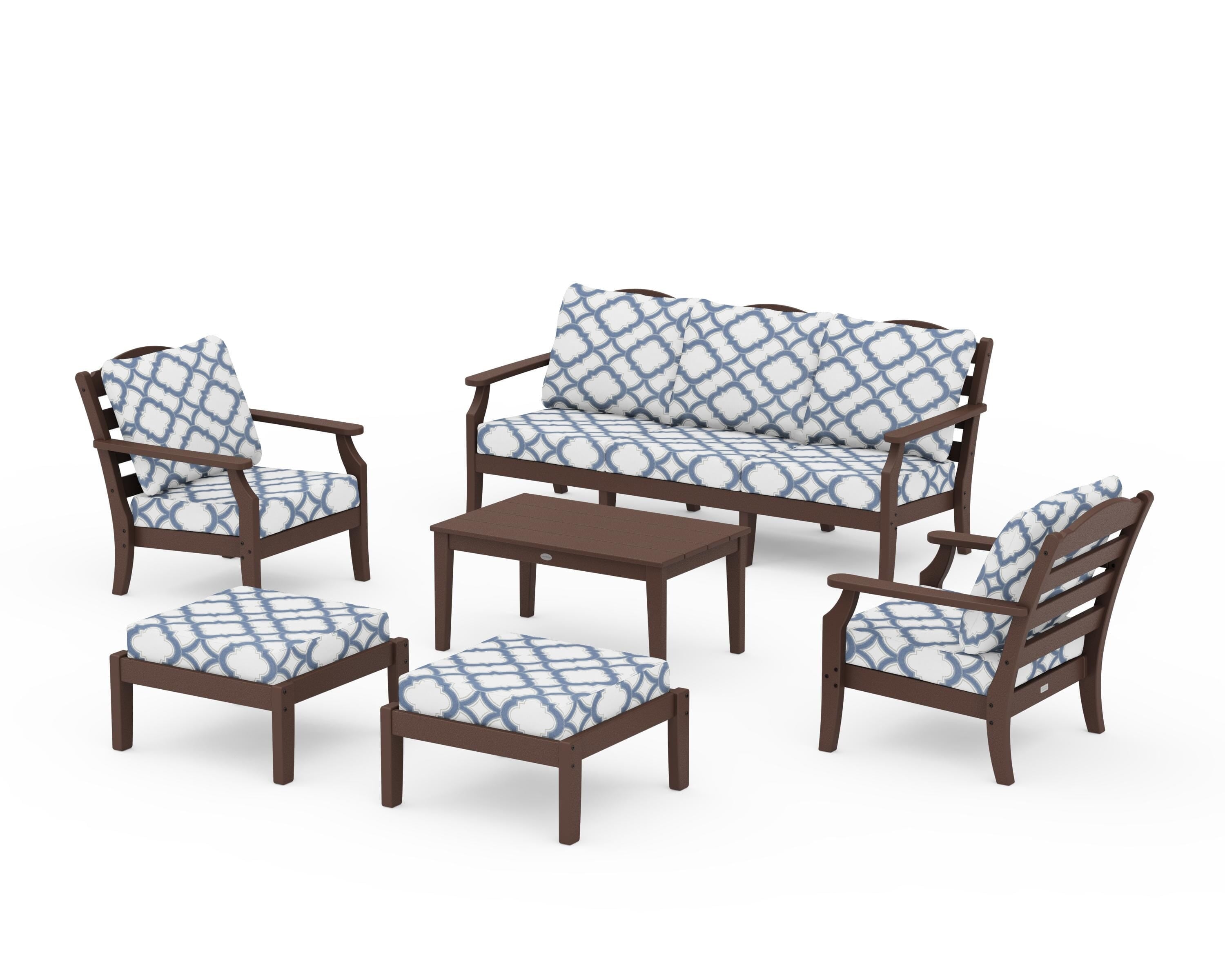 Draper James™ by  POLYWOOD® Savannah 6-Piece Lounge Sofa Set in Mahogany / Trellis Sky Blue
