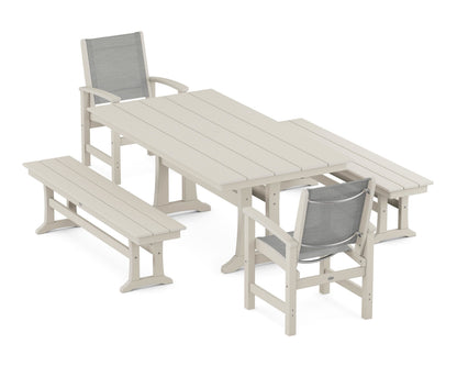 POLYWOOD® Coastal 5-Piece Farmhouse Dining Set with Trestle Legs and Benches in Sand / Metallic Sling